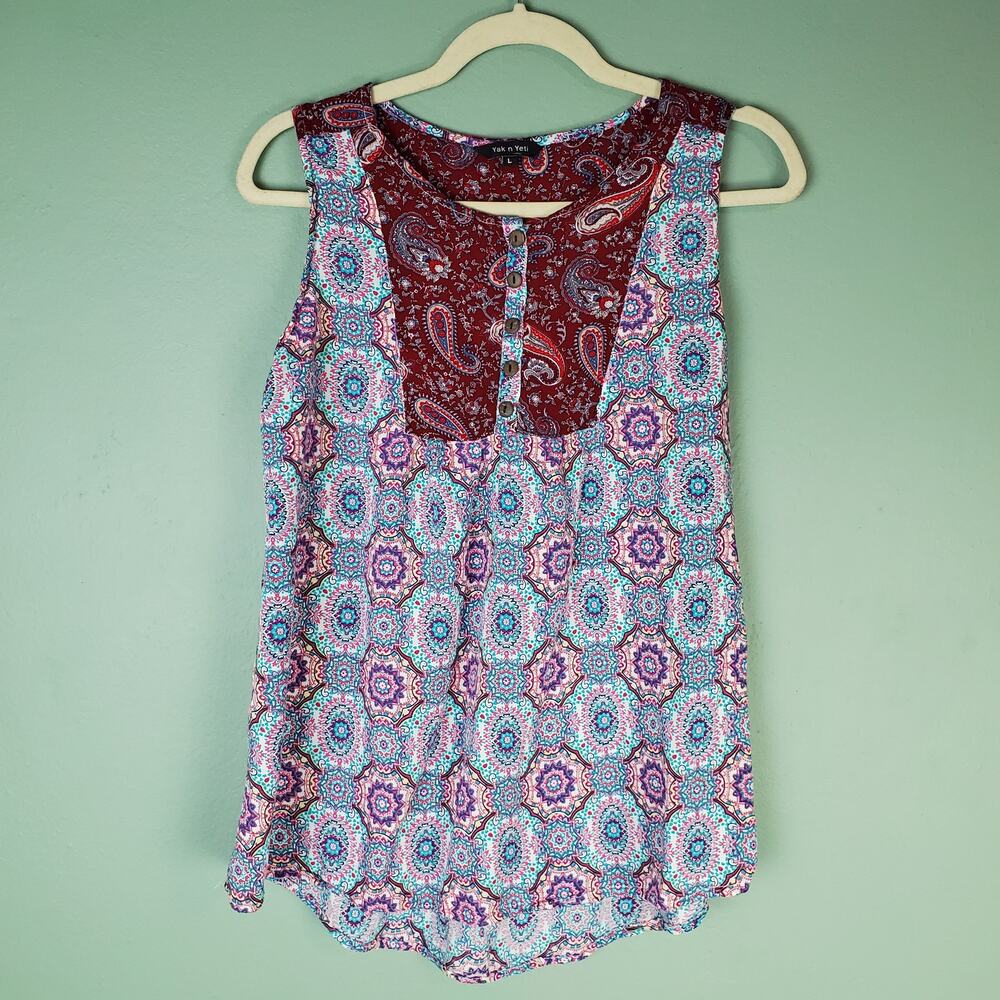 Yak n Yeti Paisley Sleeveless Colorful Top Size Large